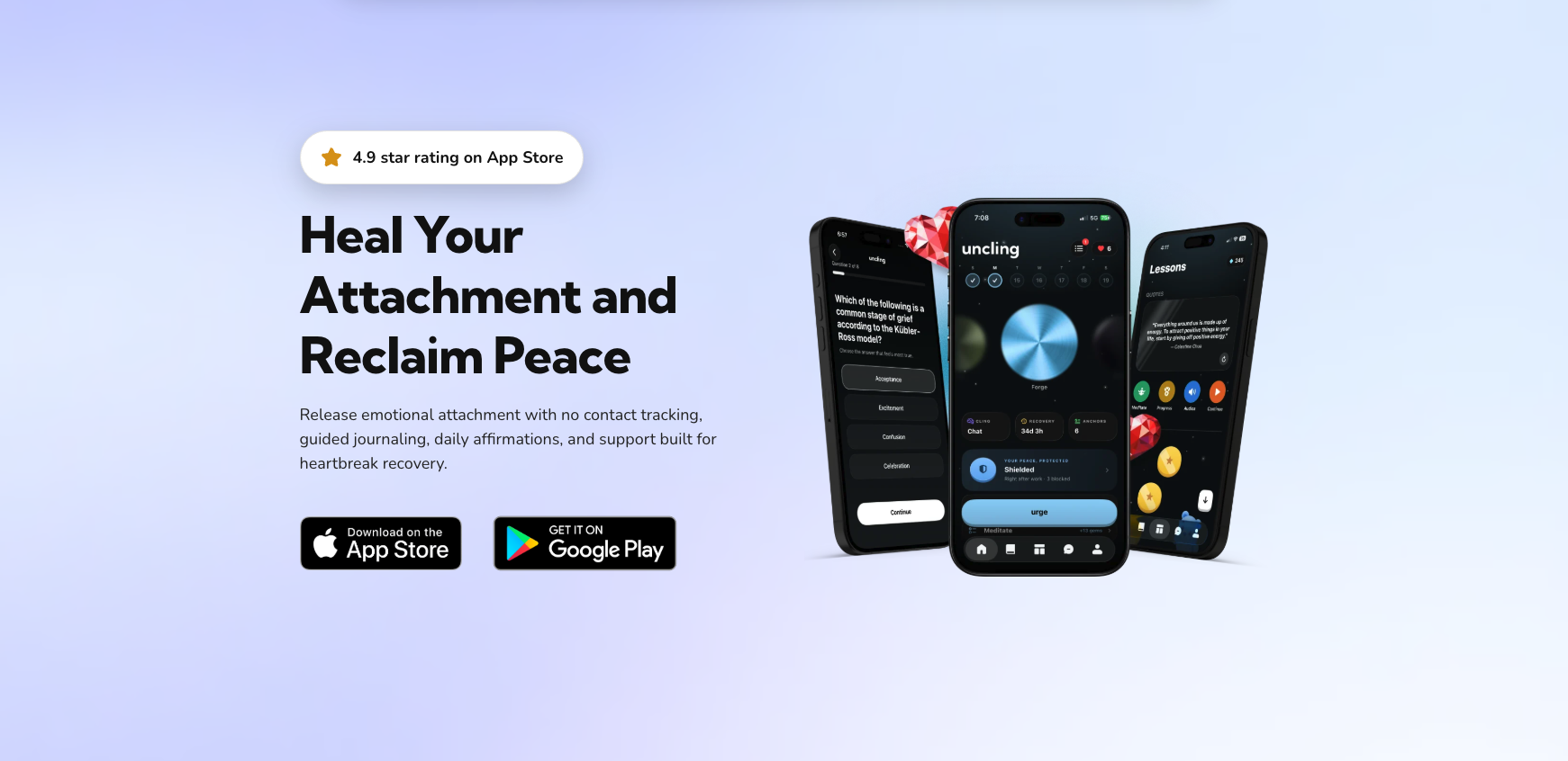 uncling: Heal Your Attachment and Reclaim Peace, with three app screens