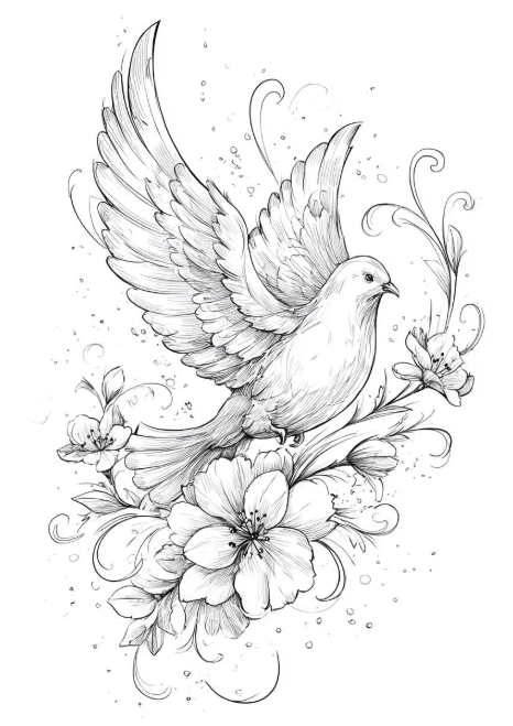 An ink illustration of a dove taking flight among flowers